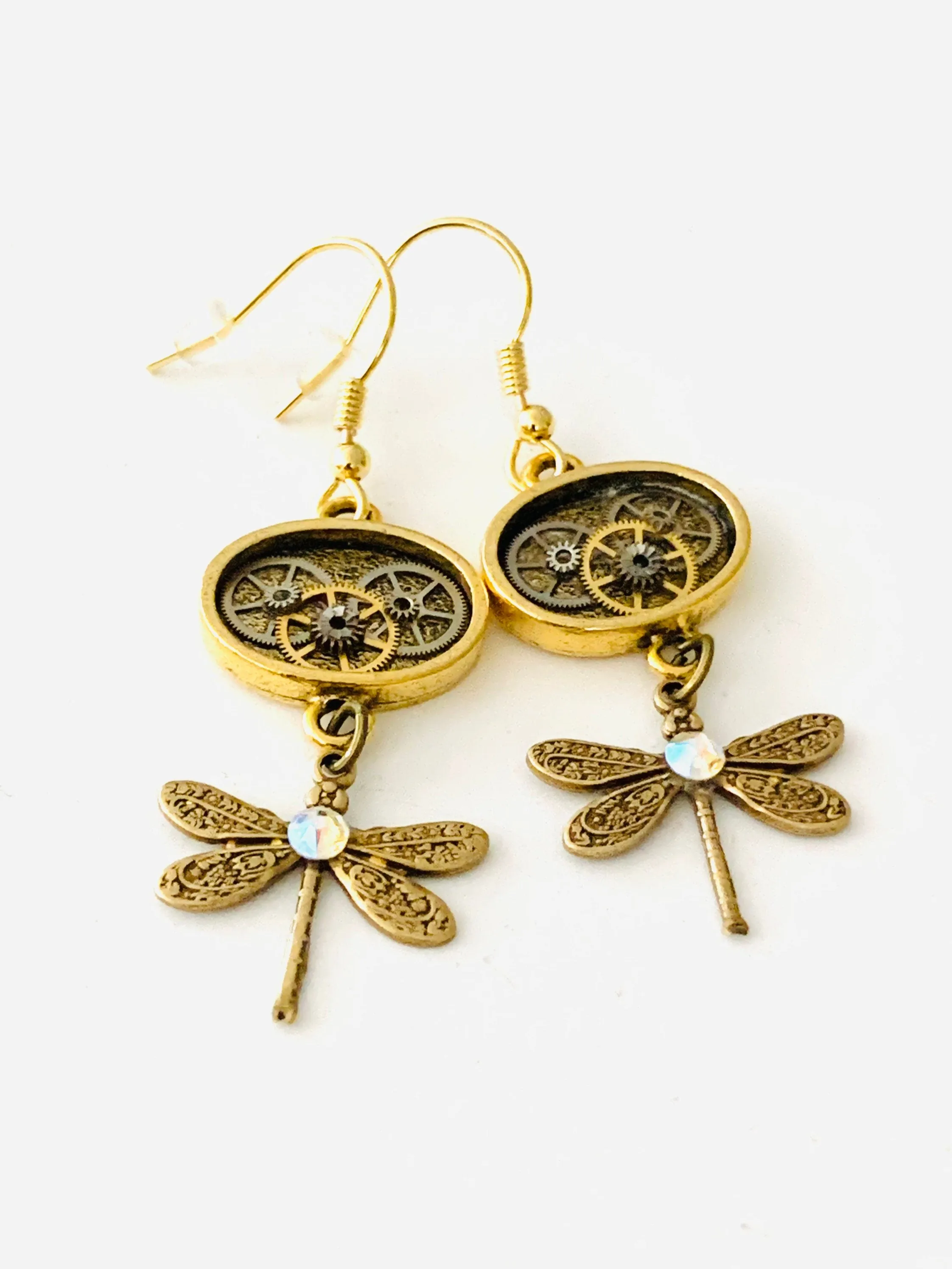 Dangle earrings set with Gold dragonfly’s - Steampunk Earrings - gift for her - Birthday gift - unique - one of a kind - with gears boho