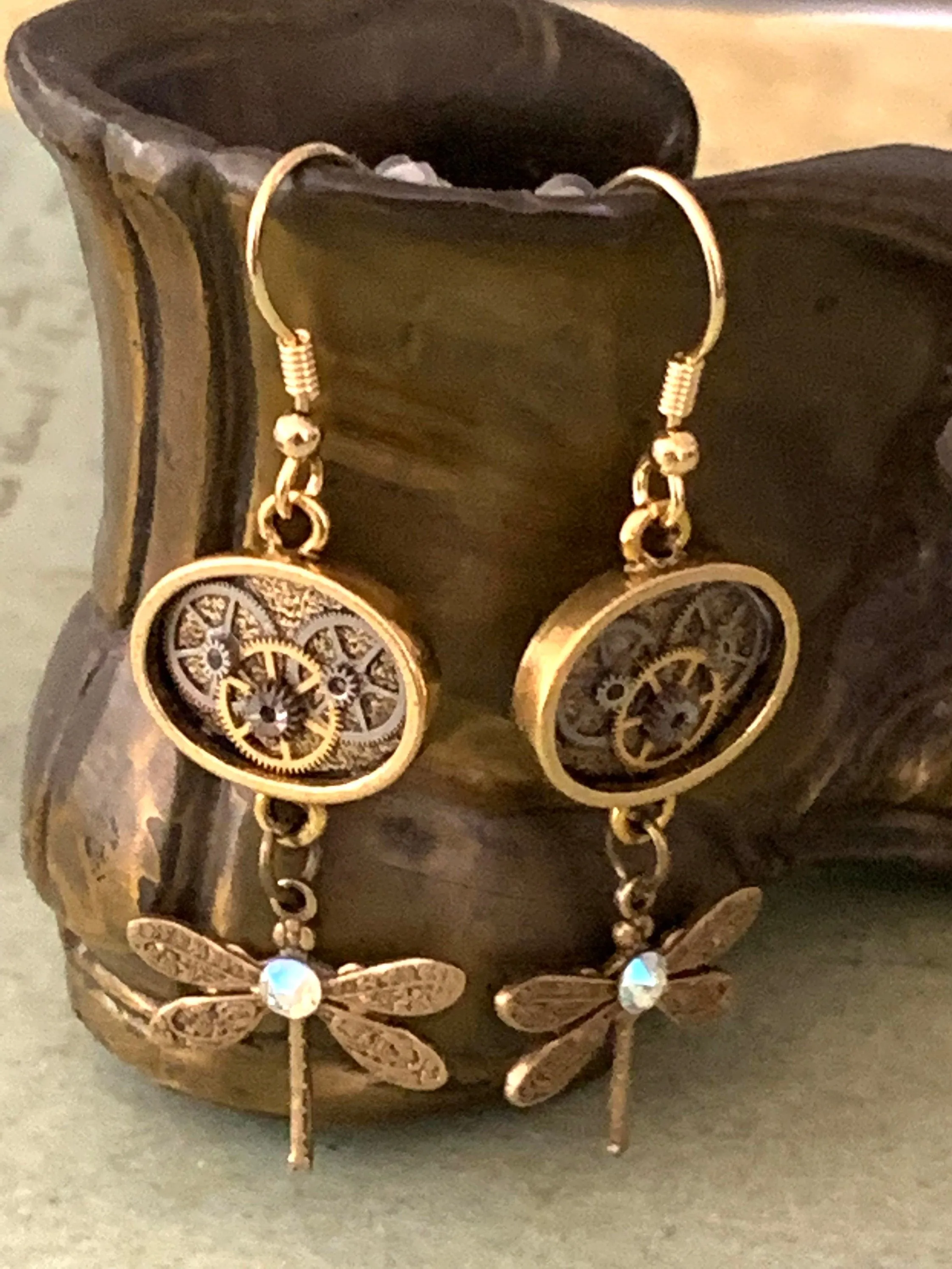 Dangle earrings set with Gold dragonfly’s - Steampunk Earrings - gift for her - Birthday gift - unique - one of a kind - with gears boho