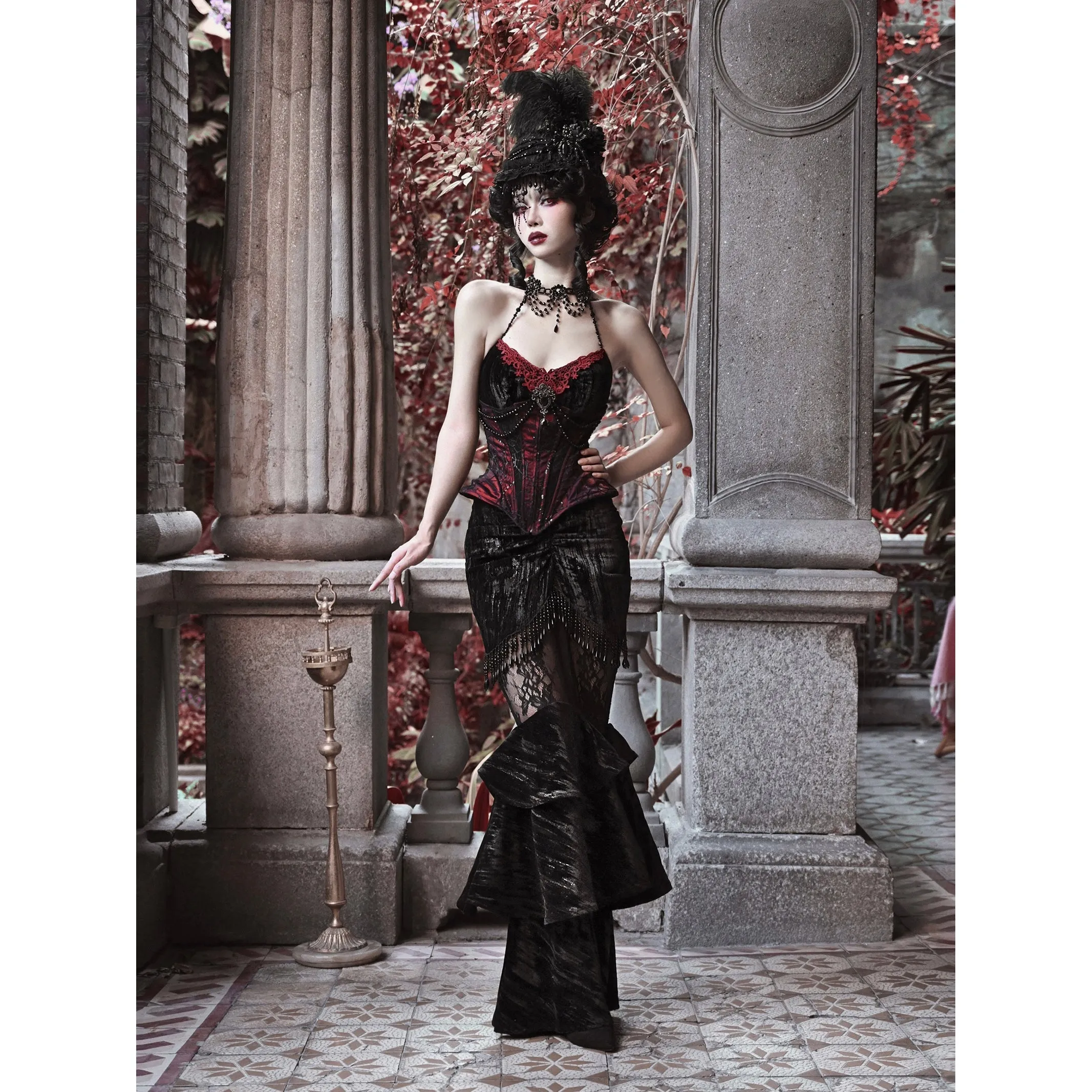 Duchess' embroidered camisole and spider web corset