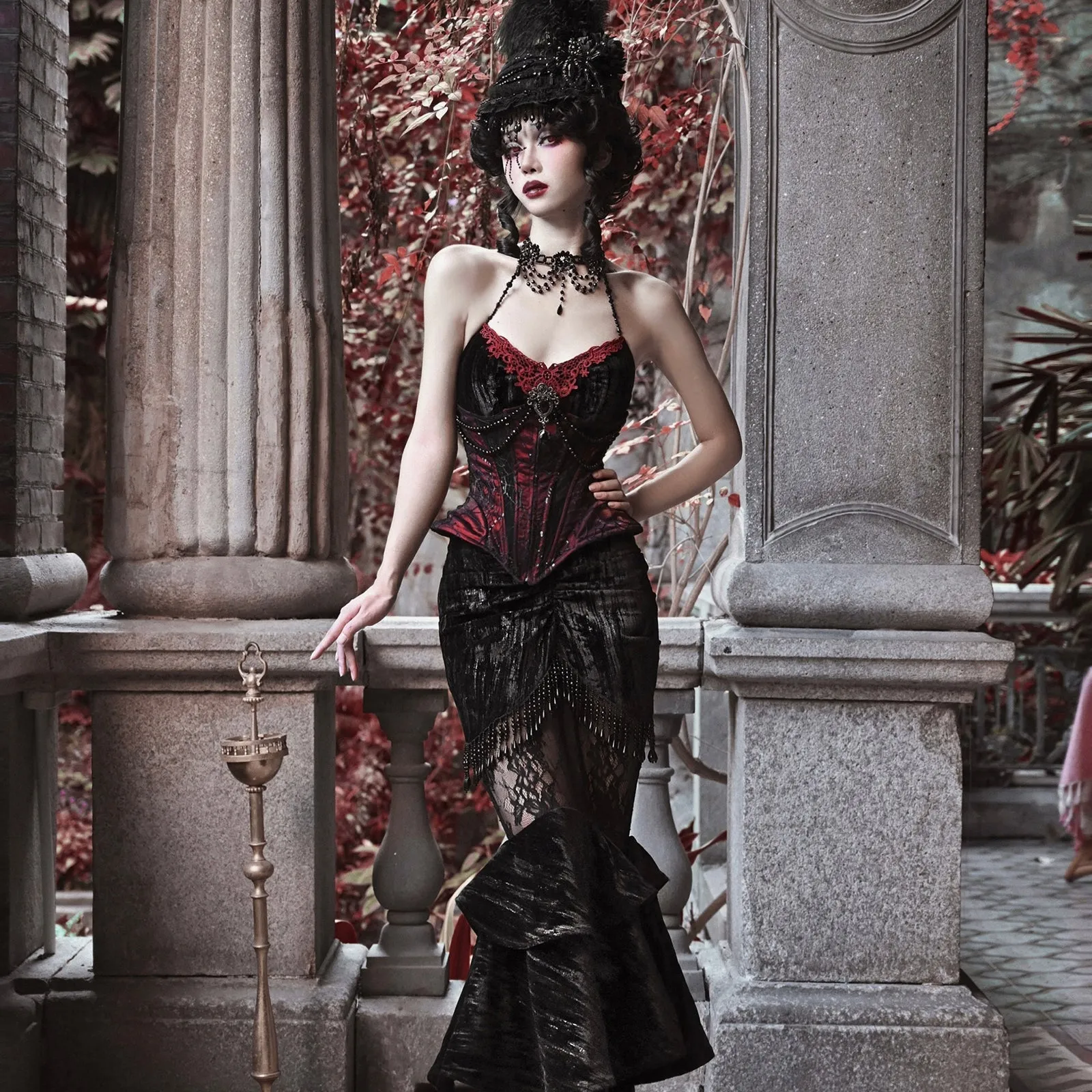 Duchess' embroidered camisole and spider web corset