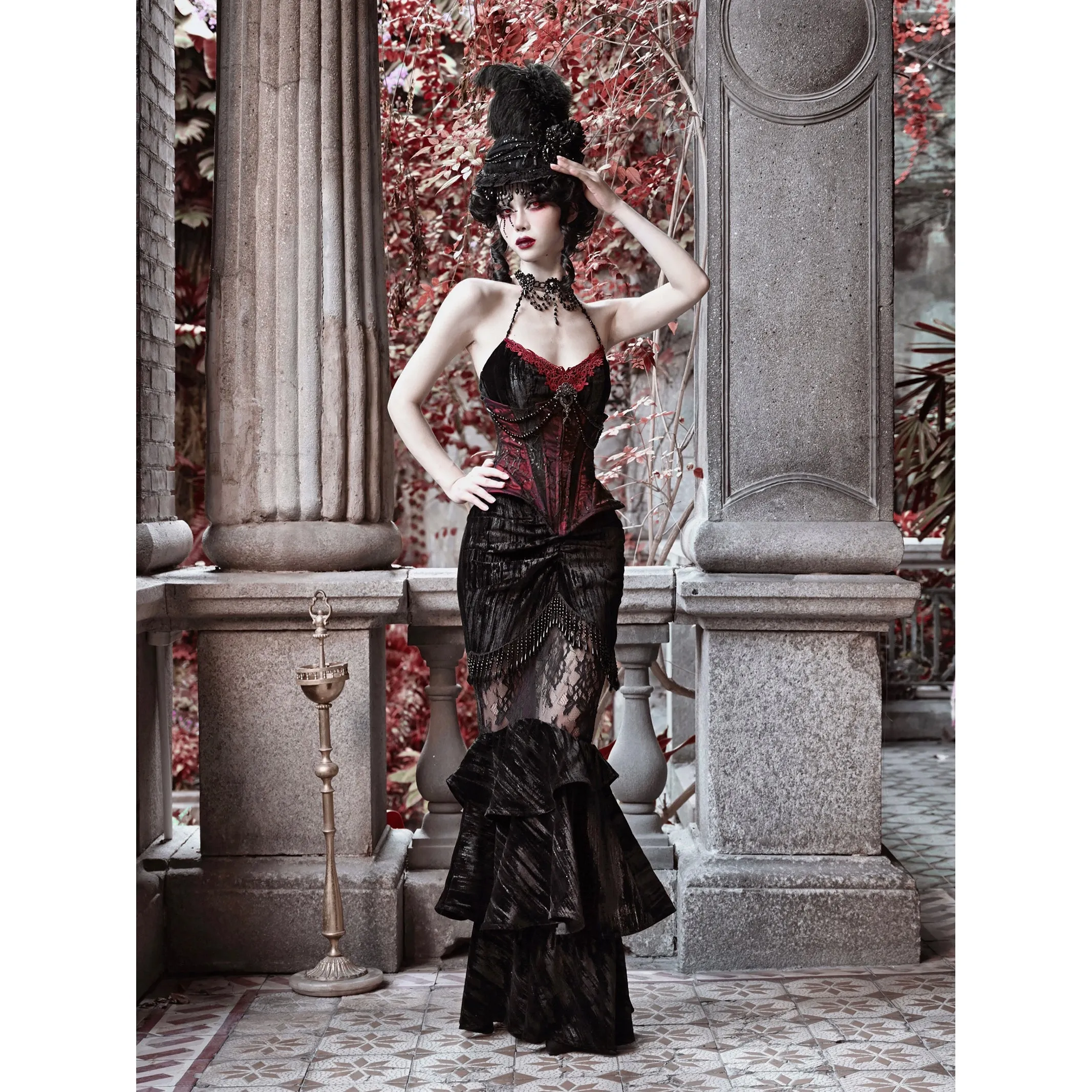 Duchess' embroidered camisole and spider web corset