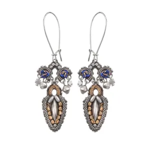 Earrings, Mixed Metal Beading With Blue, Long Wire