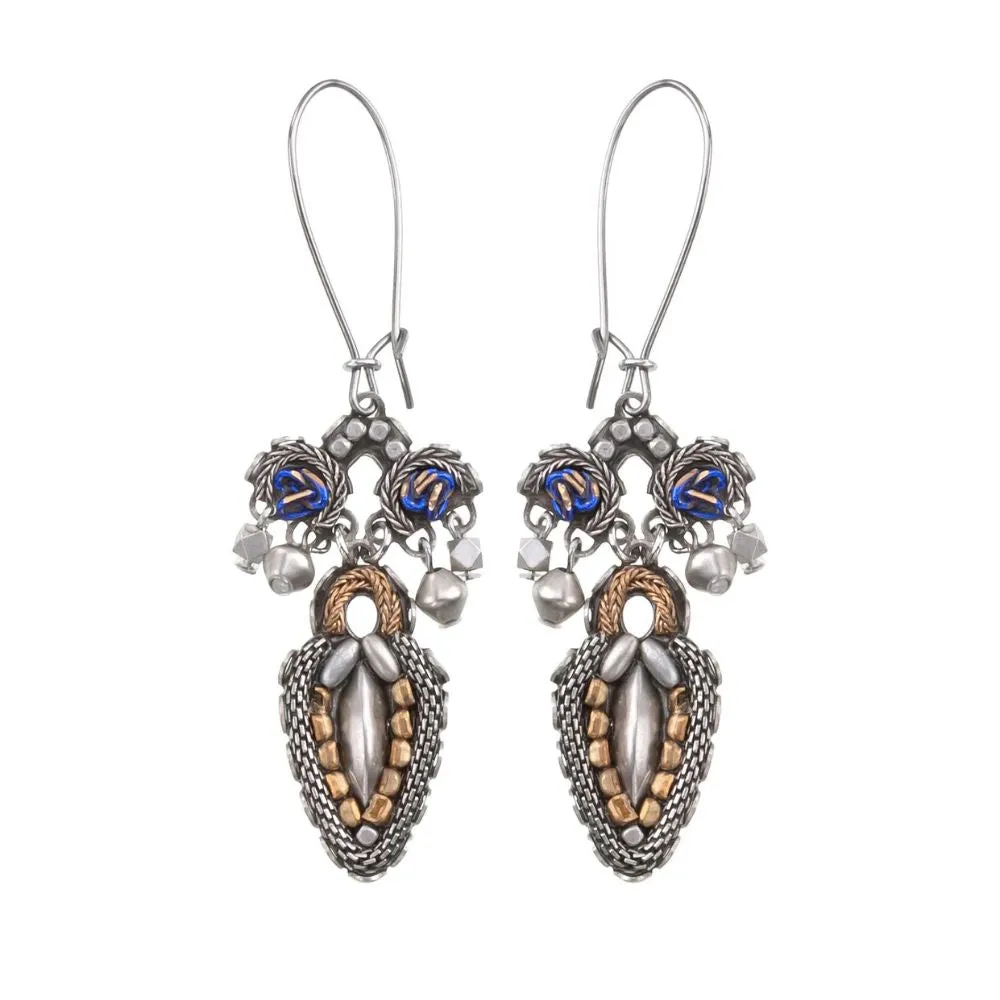 Earrings, Mixed Metal Beading With Blue, Long Wire