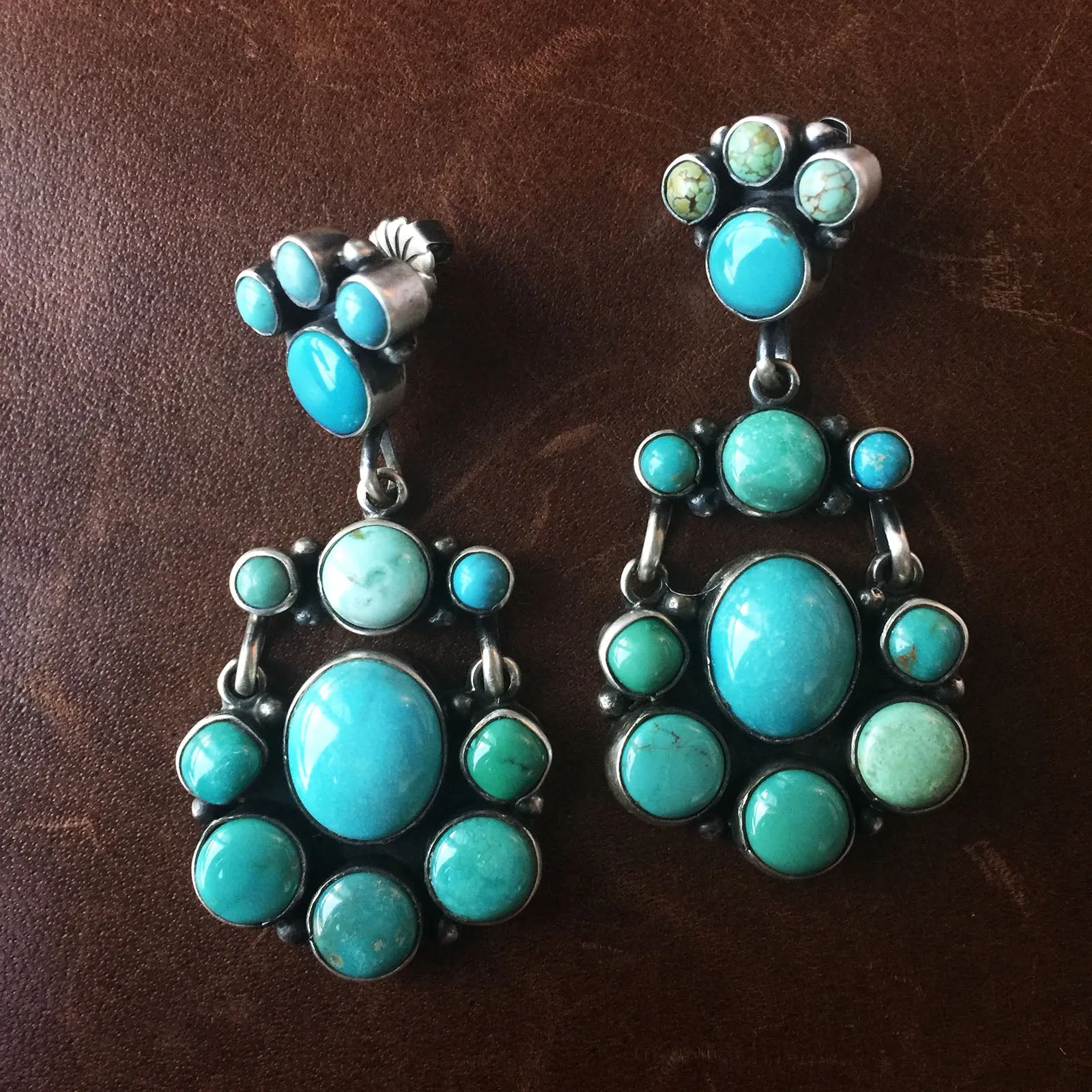 Elegant 925 Sterling Earrings Carico Lake Turquoise Cluster Style Signed Largo