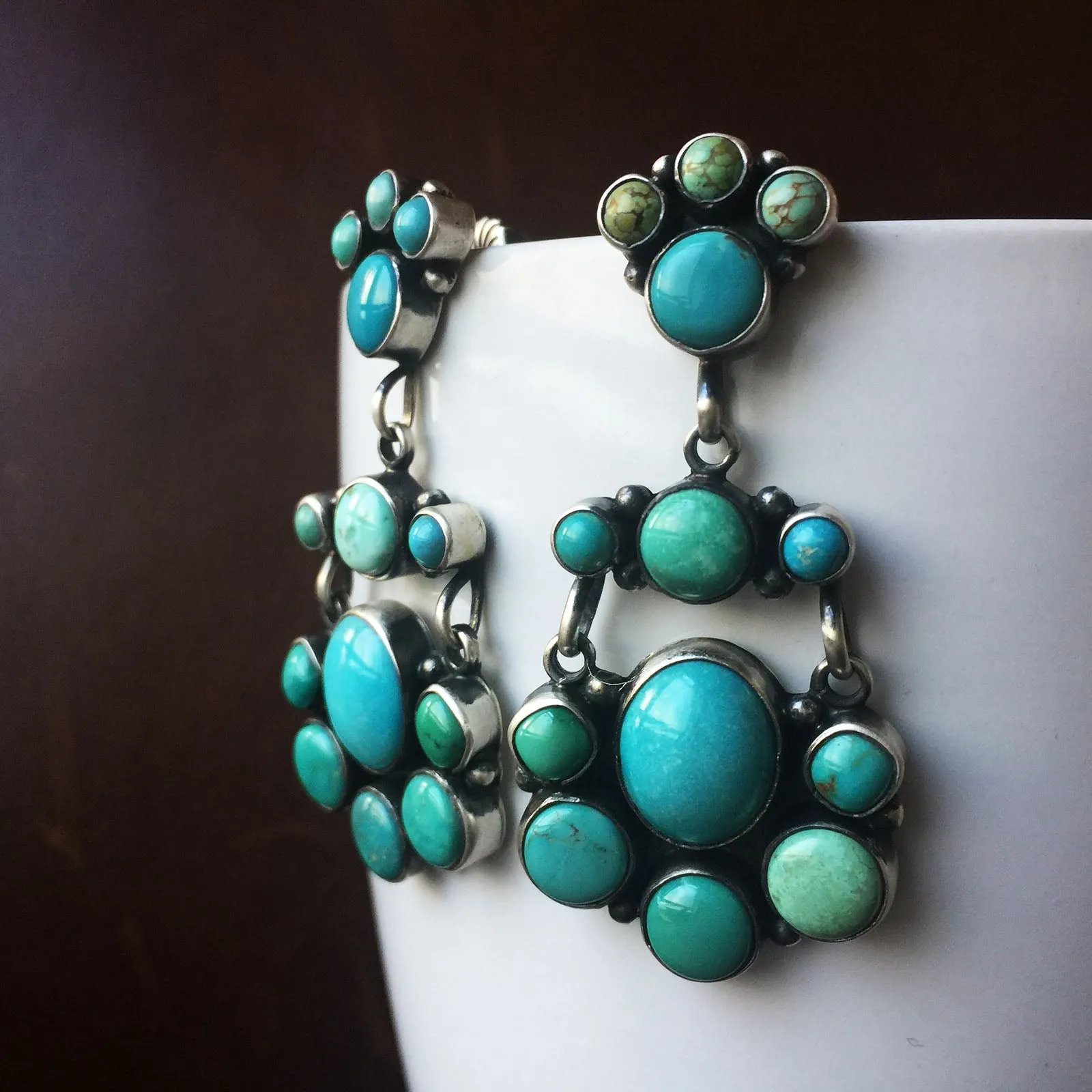 Elegant 925 Sterling Earrings Carico Lake Turquoise Cluster Style Signed Largo