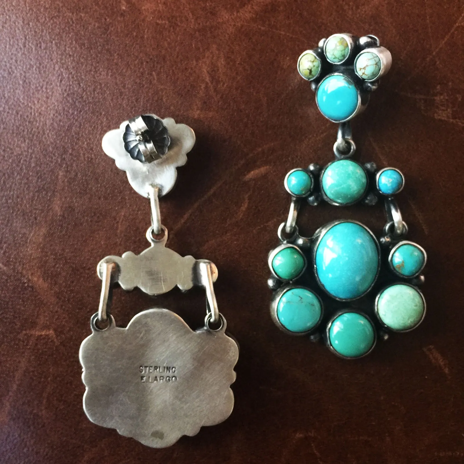 Elegant 925 Sterling Earrings Carico Lake Turquoise Cluster Style Signed Largo