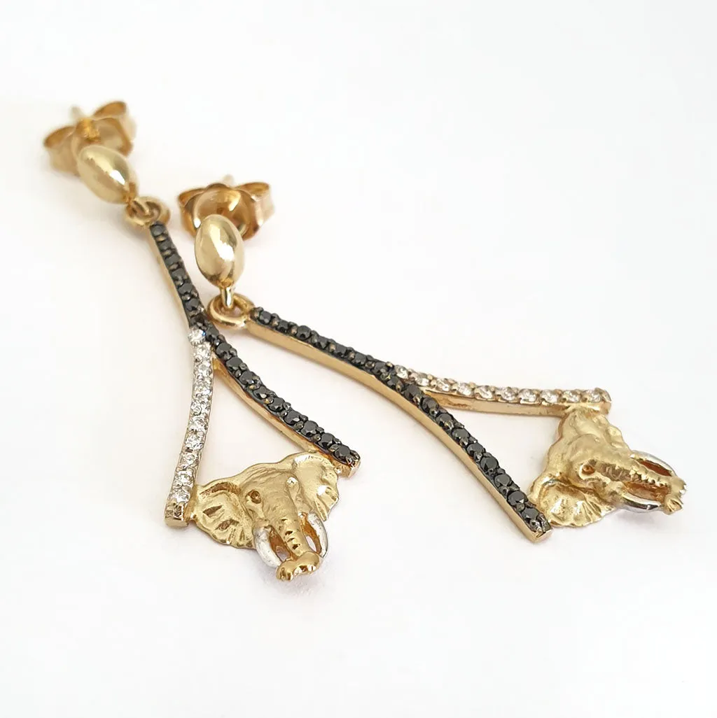 Elegant Black and White Diamond Elephant Drop Earrings