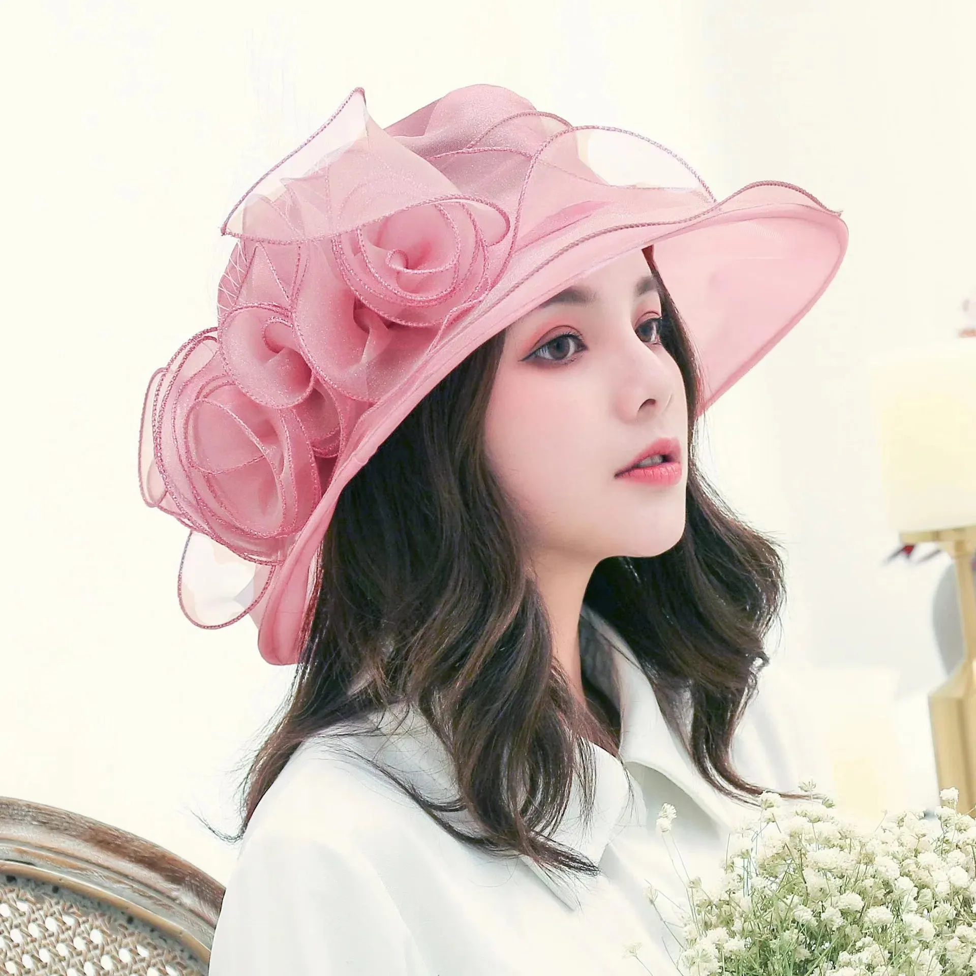 Elegant Bow Lady Hat Summer Organza Wide Brim Sunscreen Kentucky Derby Hats For Women Church Wedding Beach Sun Cap Foldable