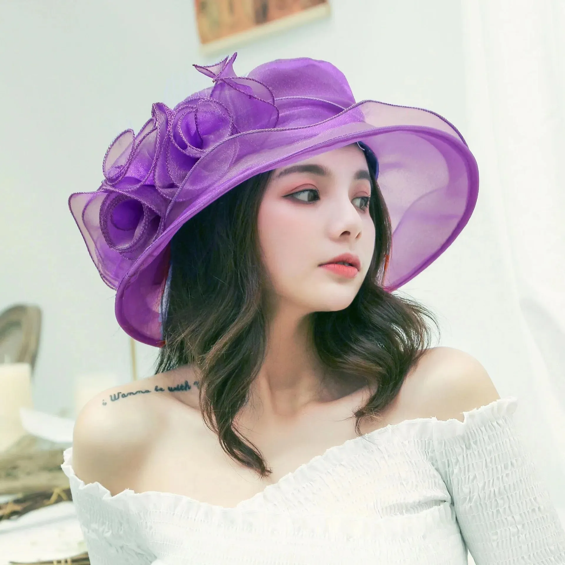 Elegant Bow Lady Hat Summer Organza Wide Brim Sunscreen Kentucky Derby Hats For Women Church Wedding Beach Sun Cap Foldable