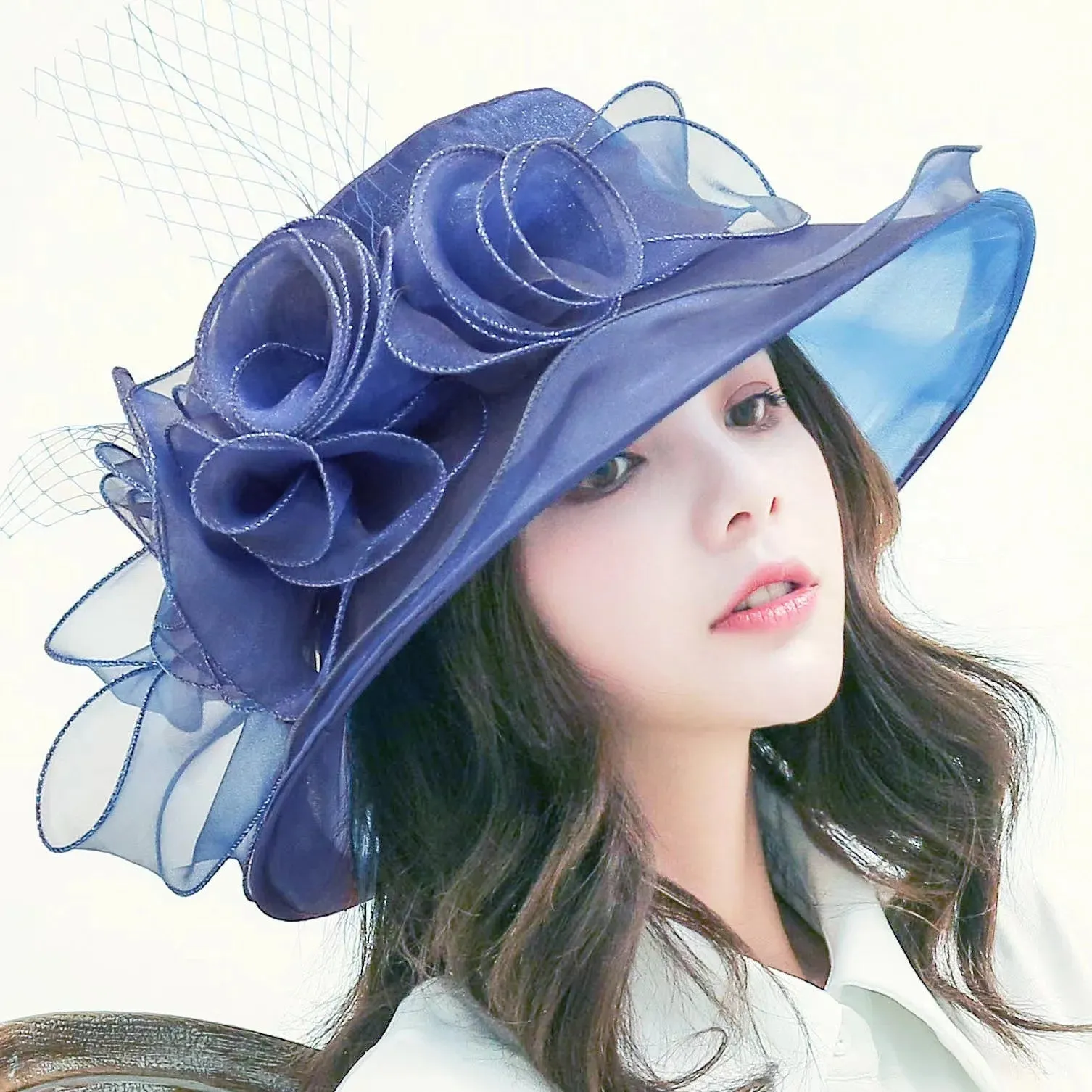 Elegant Bow Lady Hat Summer Organza Wide Brim Sunscreen Kentucky Derby Hats For Women Church Wedding Beach Sun Cap Foldable