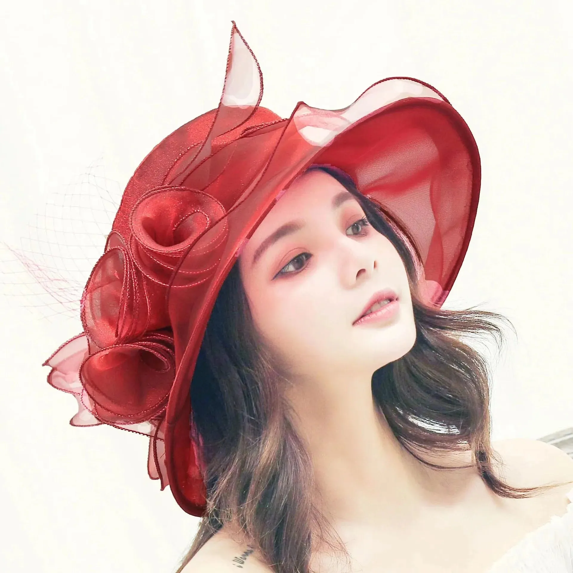 Elegant Bow Lady Hat Summer Organza Wide Brim Sunscreen Kentucky Derby Hats For Women Church Wedding Beach Sun Cap Foldable