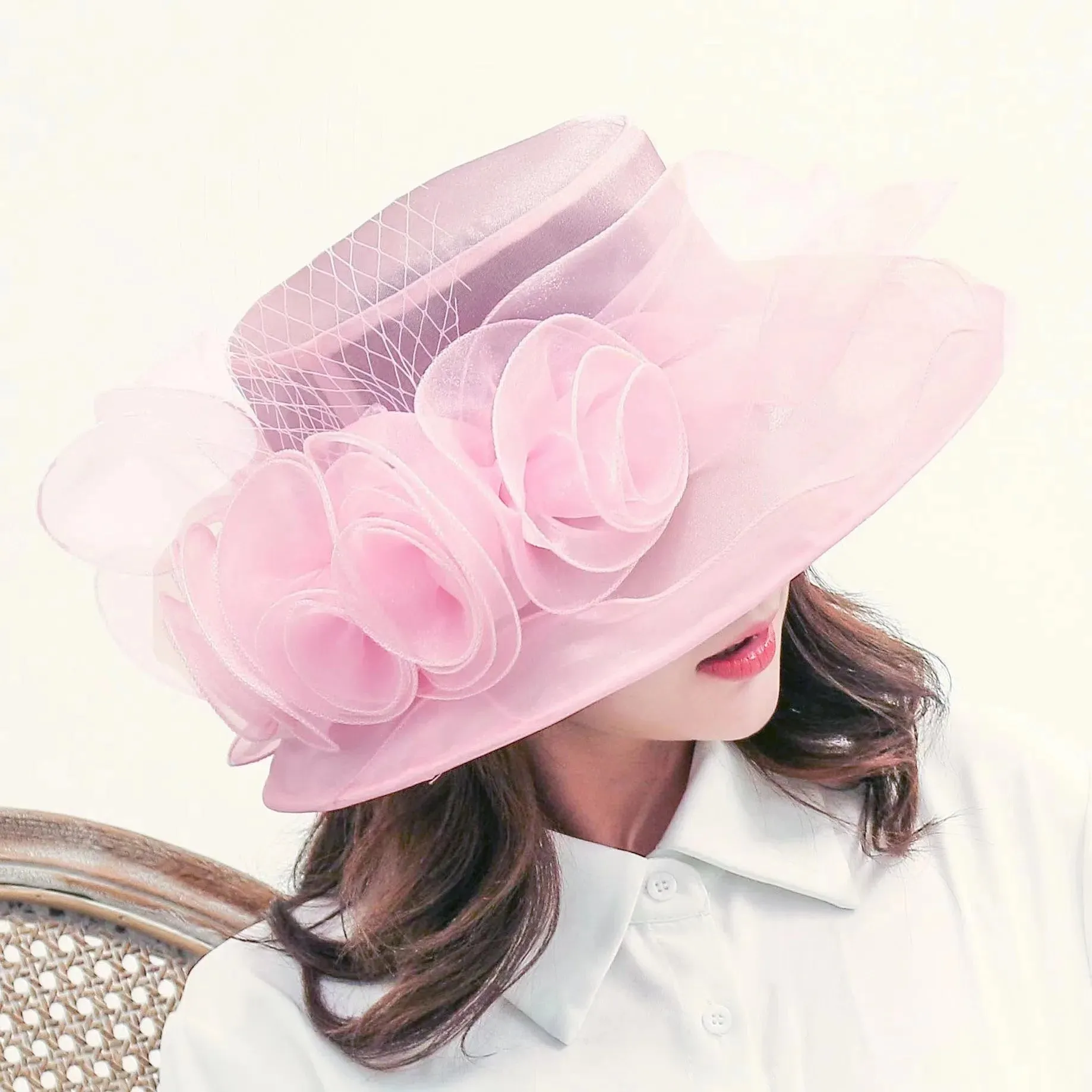 Elegant Bow Lady Hat Summer Organza Wide Brim Sunscreen Kentucky Derby Hats For Women Church Wedding Beach Sun Cap Foldable