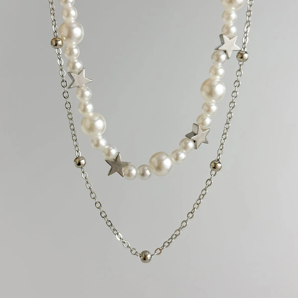 Elegant Layered Starry Saturn Pearl Chain Necklace Set
