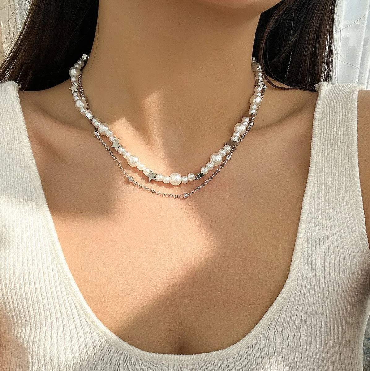 Elegant Layered Starry Saturn Pearl Chain Necklace Set