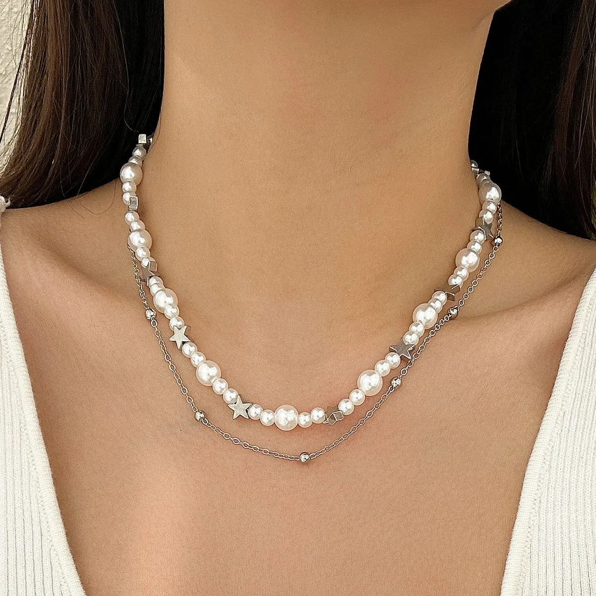 Elegant Layered Starry Saturn Pearl Chain Necklace Set