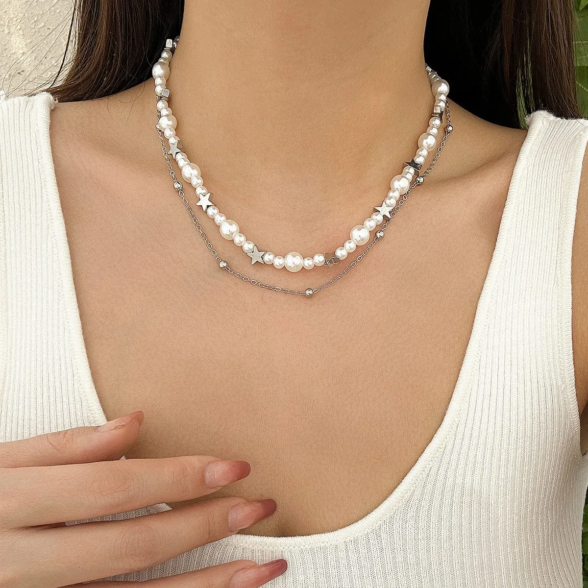 Elegant Layered Starry Saturn Pearl Chain Necklace Set