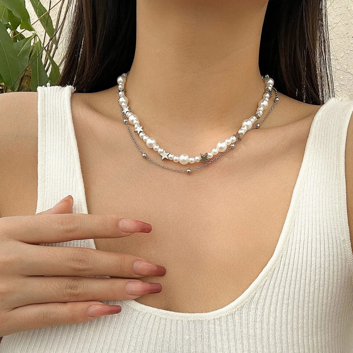 Elegant Layered Starry Saturn Pearl Chain Necklace Set