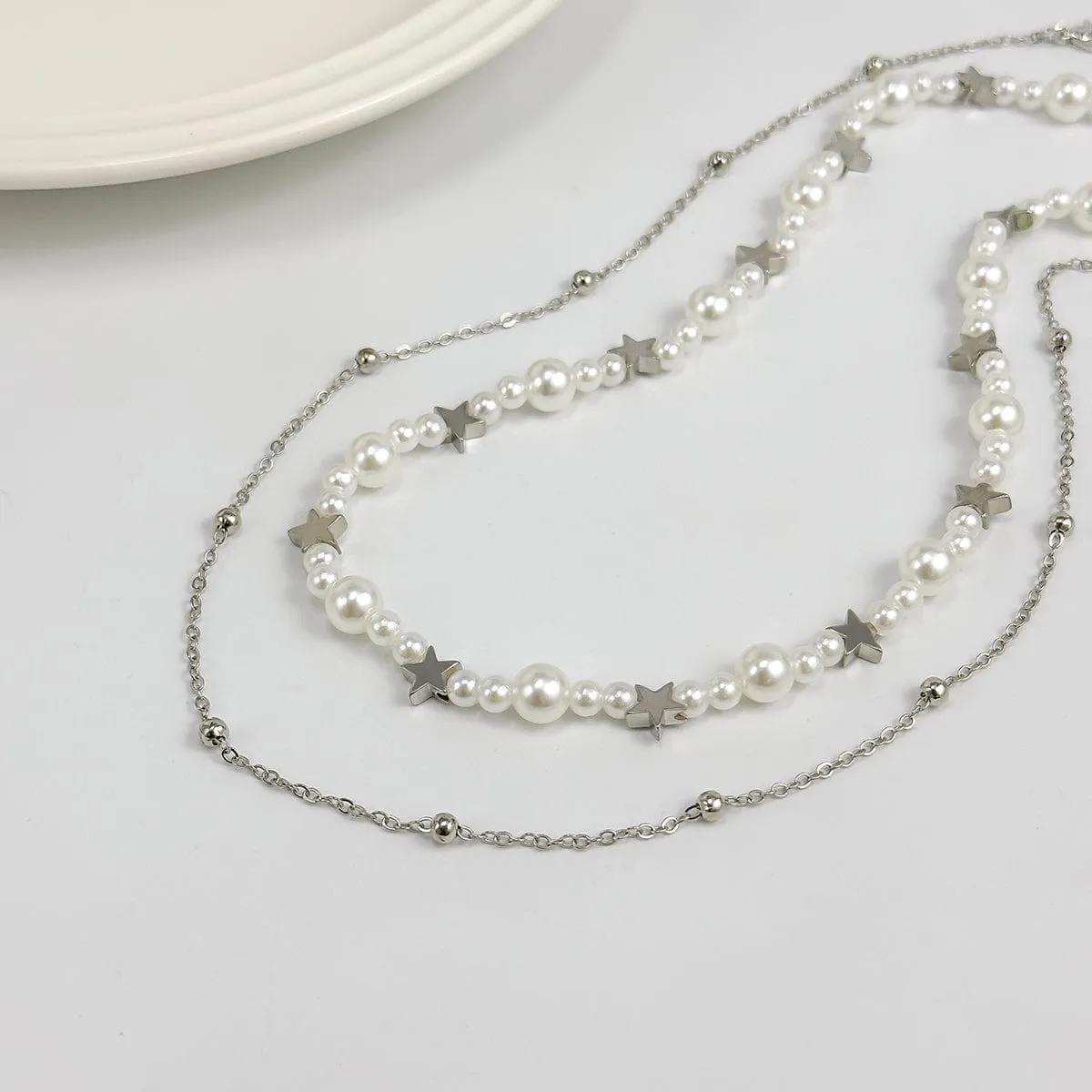 Elegant Layered Starry Saturn Pearl Chain Necklace Set