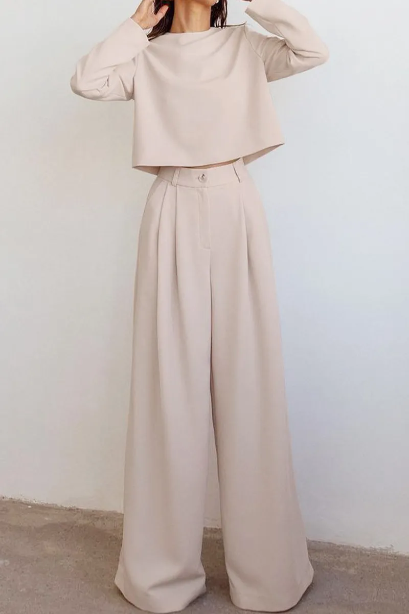 Elegant Solid Pocket O Neck Long Sleeve Two Pieces