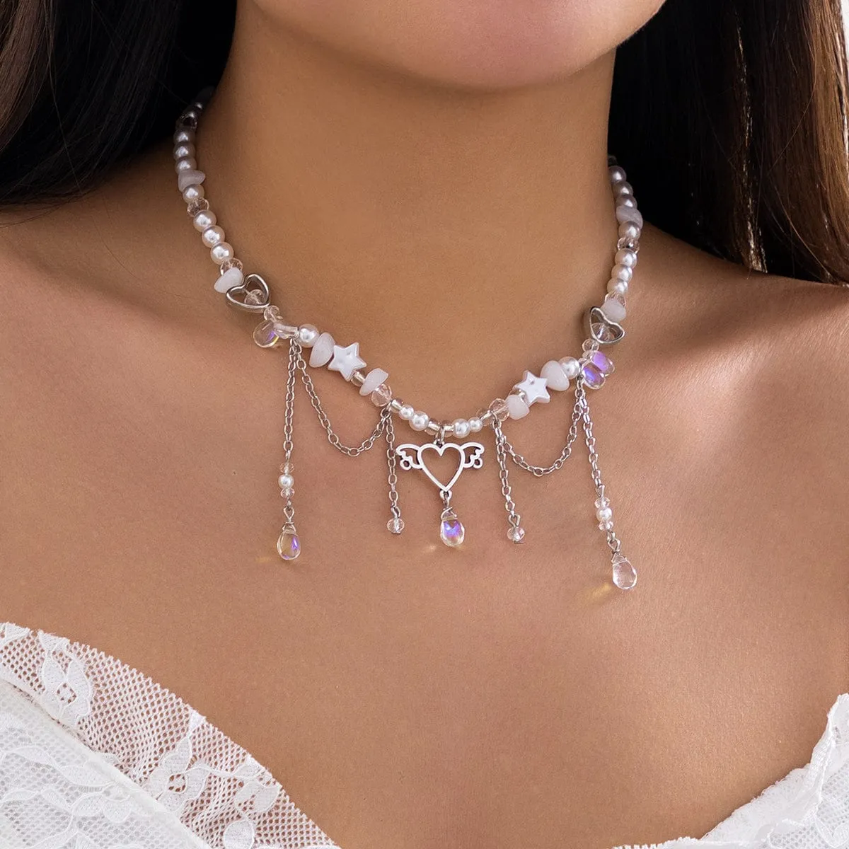 Fancy Agate Tassel Heart Pendant Star Rhinestone Pearl Chain Necklace