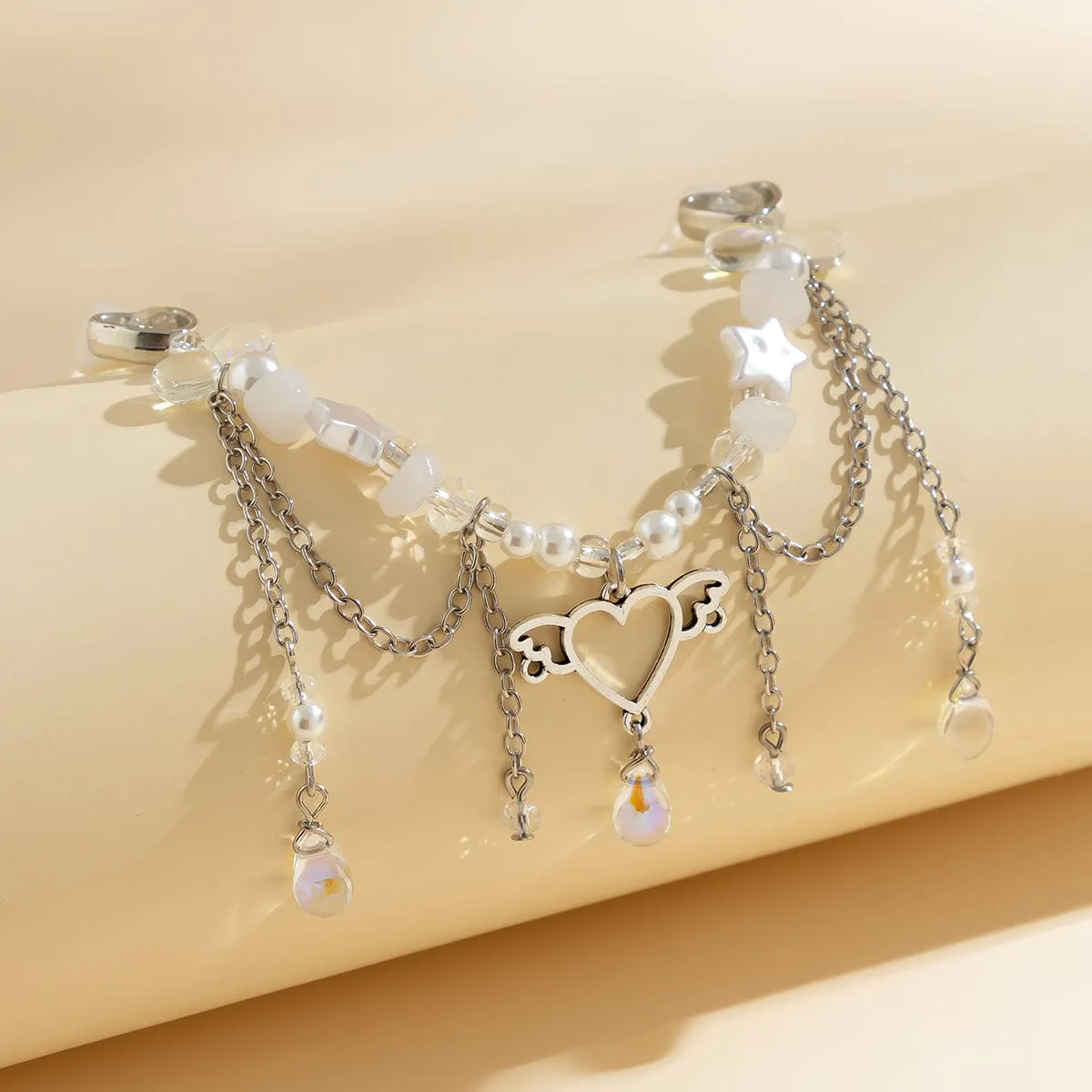 Fancy Agate Tassel Heart Pendant Star Rhinestone Pearl Chain Necklace