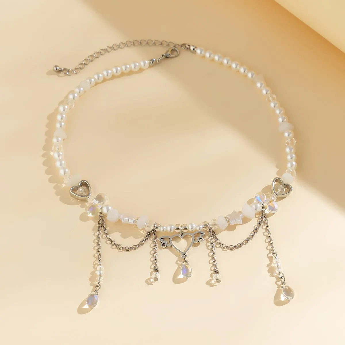 Fancy Agate Tassel Heart Pendant Star Rhinestone Pearl Chain Necklace