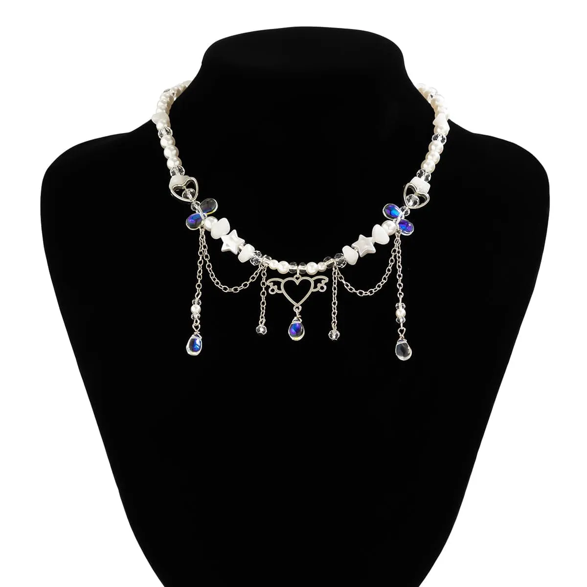 Fancy Agate Tassel Heart Pendant Star Rhinestone Pearl Chain Necklace