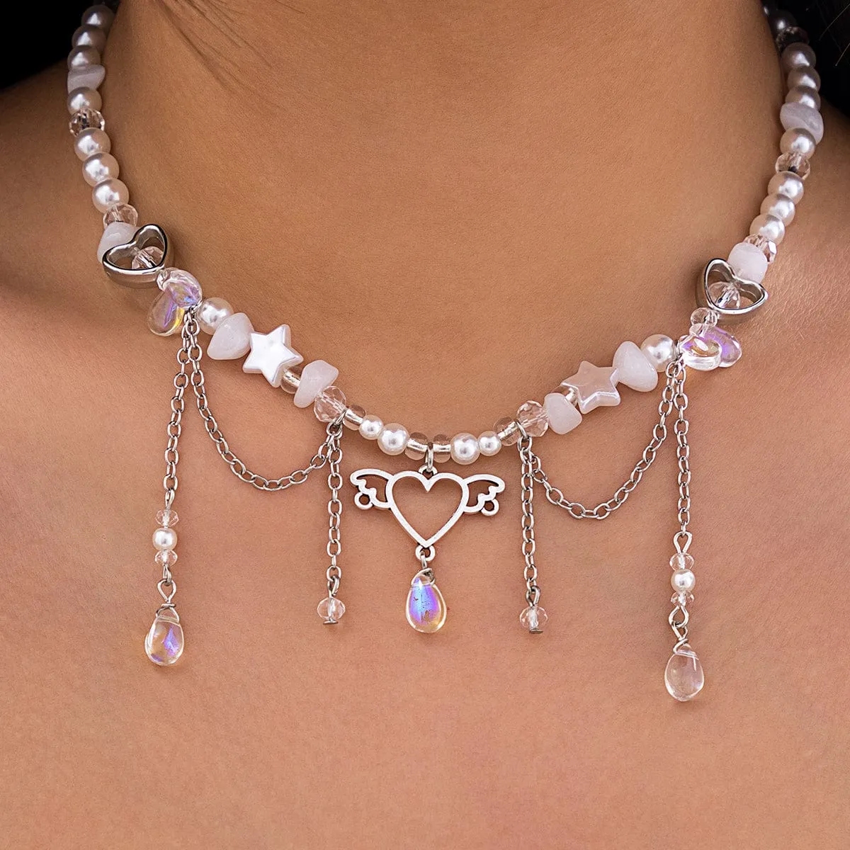 Fancy Agate Tassel Heart Pendant Star Rhinestone Pearl Chain Necklace