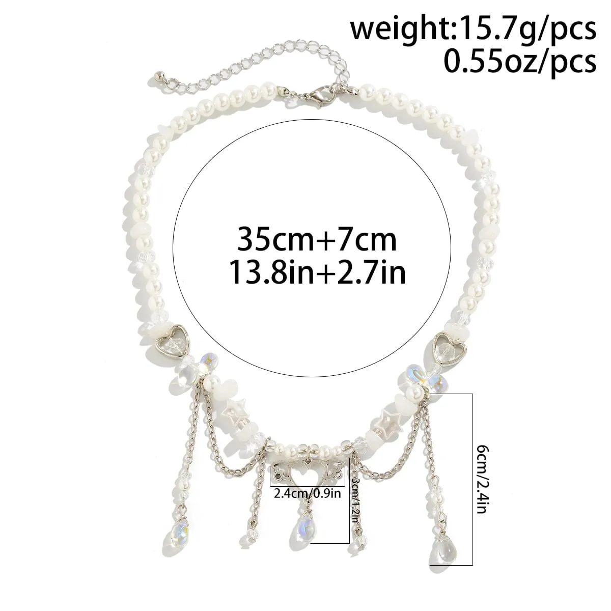 Fancy Agate Tassel Heart Pendant Star Rhinestone Pearl Chain Necklace