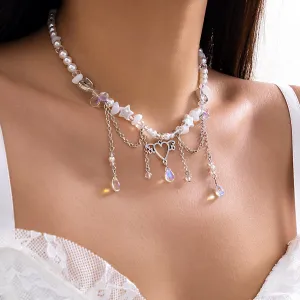Fancy Agate Tassel Heart Pendant Star Rhinestone Pearl Chain Necklace