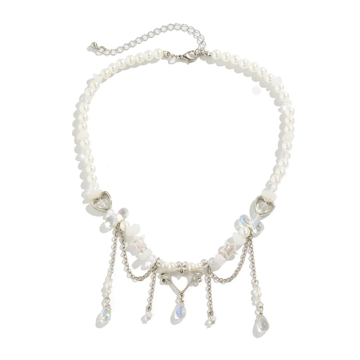 Fancy Agate Tassel Heart Pendant Star Rhinestone Pearl Chain Necklace