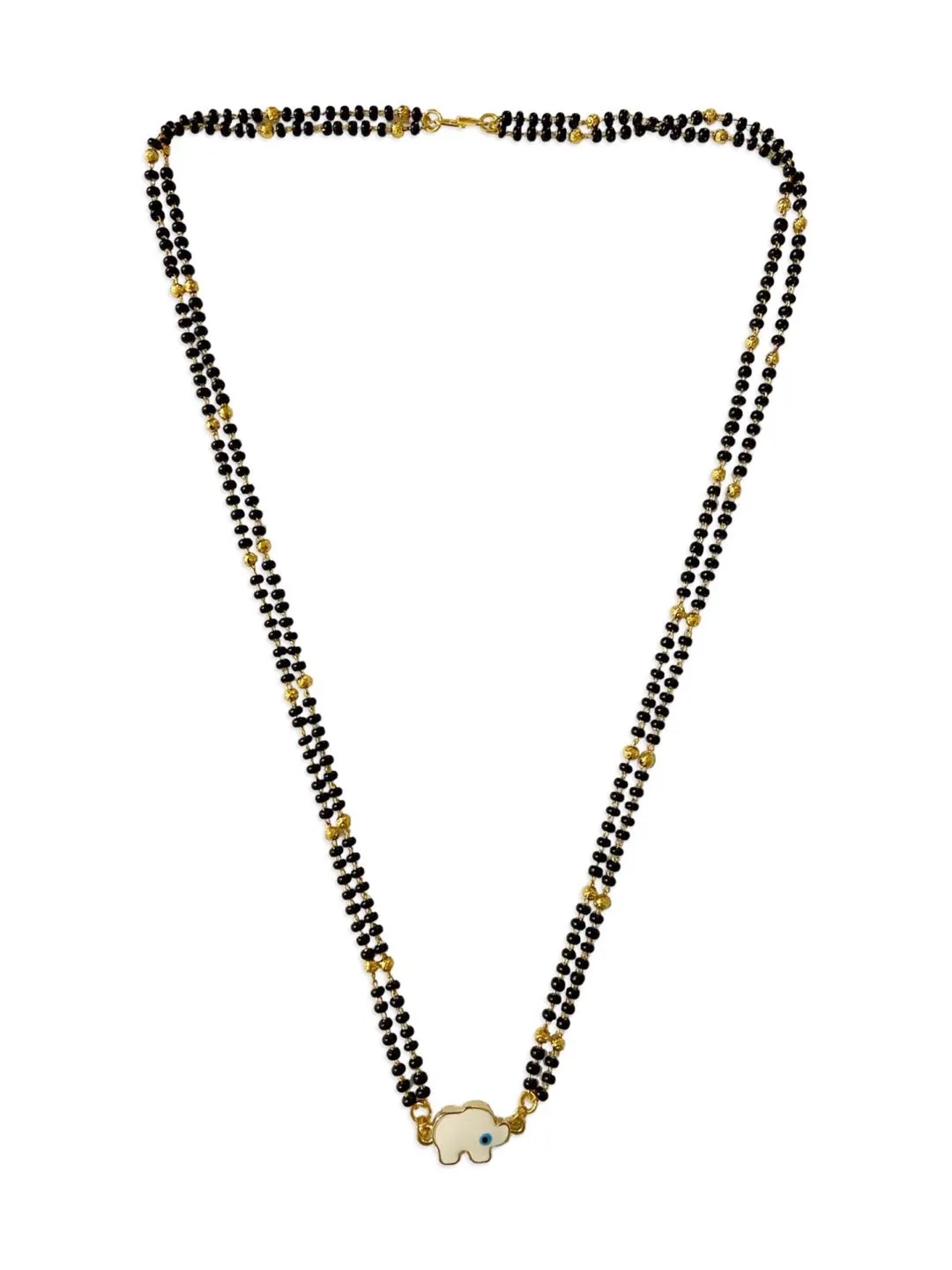 Fancy Short Mangalsutra Designs Elephant & Evil Eye Pendant Simple Traditional Gold/Black Beads Chain