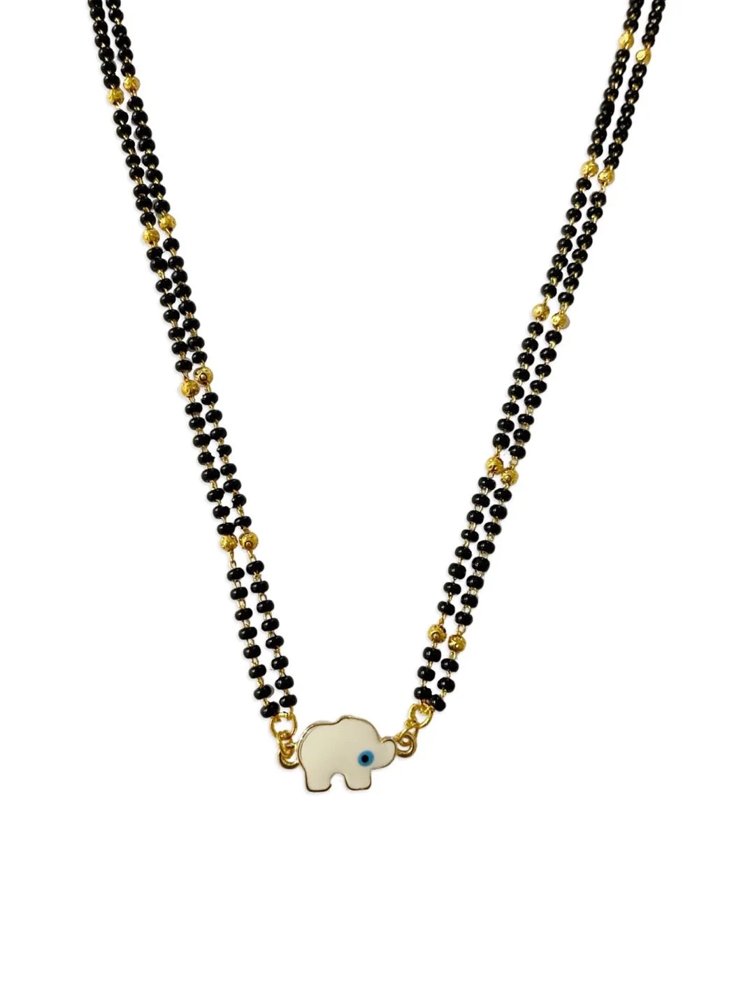 Fancy Short Mangalsutra Designs Elephant & Evil Eye Pendant Simple Traditional Gold/Black Beads Chain