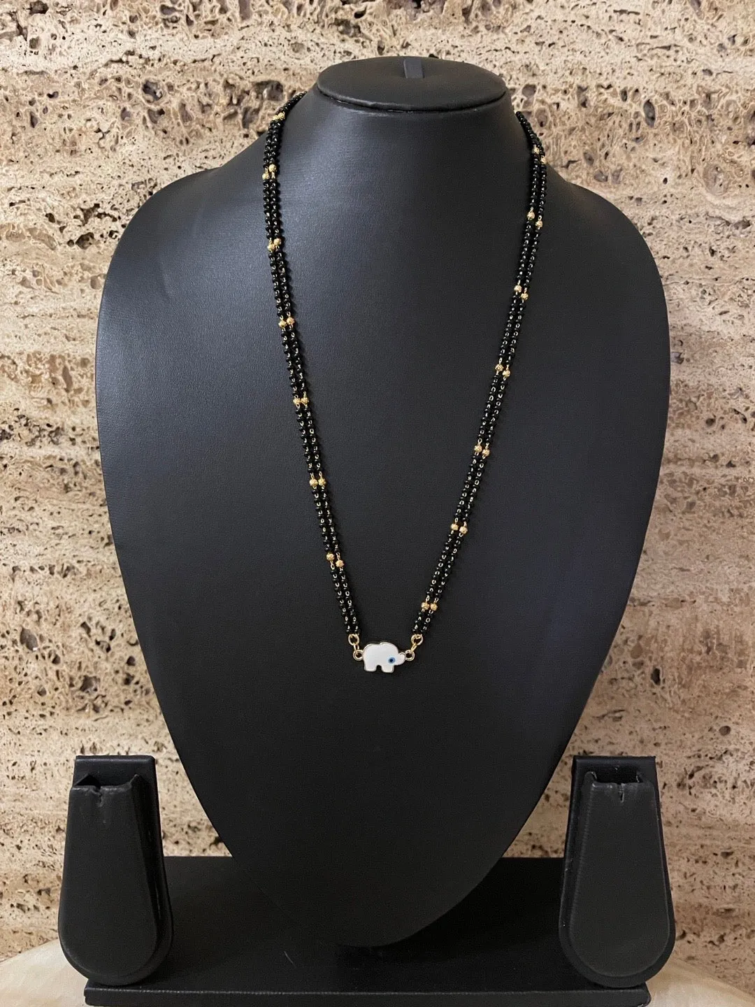 Fancy Short Mangalsutra Designs Elephant & Evil Eye Pendant Simple Traditional Gold/Black Beads Chain