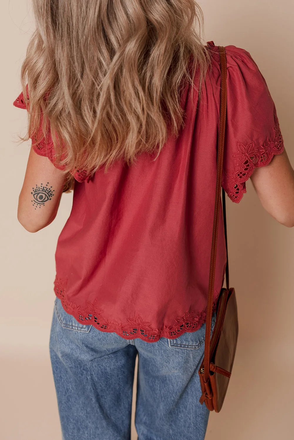 Floral Embroidered Scallop Trim Short Sleeve V Neck Blouse