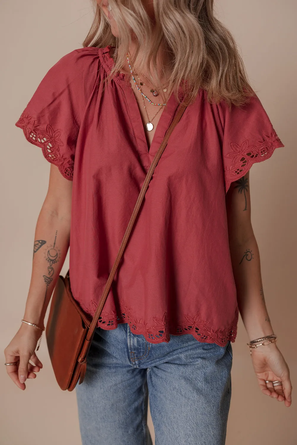 Floral Embroidered Scallop Trim Short Sleeve V Neck Blouse