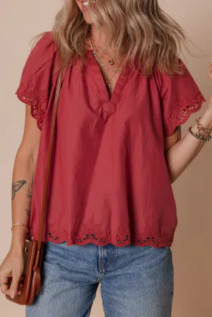 Floral Embroidered Scallop Trim Short Sleeve V Neck Blouse