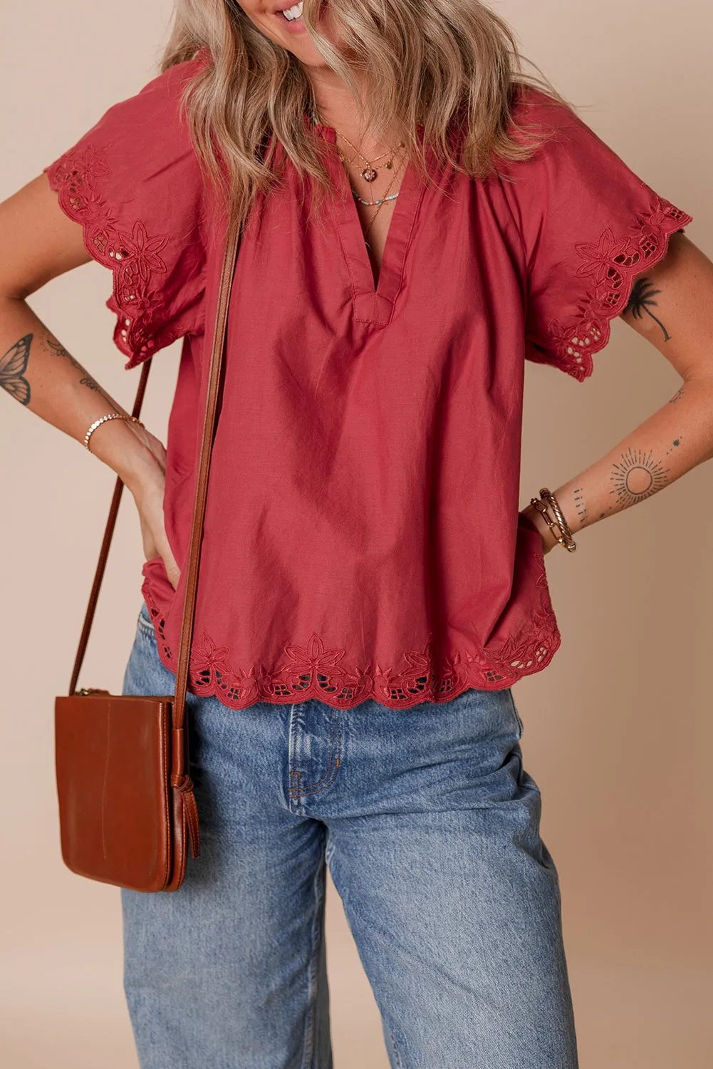 Floral Embroidered Scallop Trim Short Sleeve V Neck Blouse