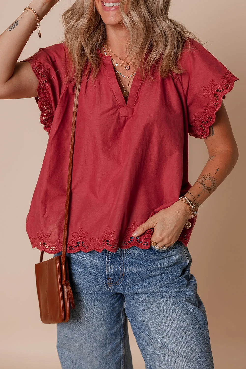 Floral Embroidered Scallop Trim Short Sleeve V Neck Blouse