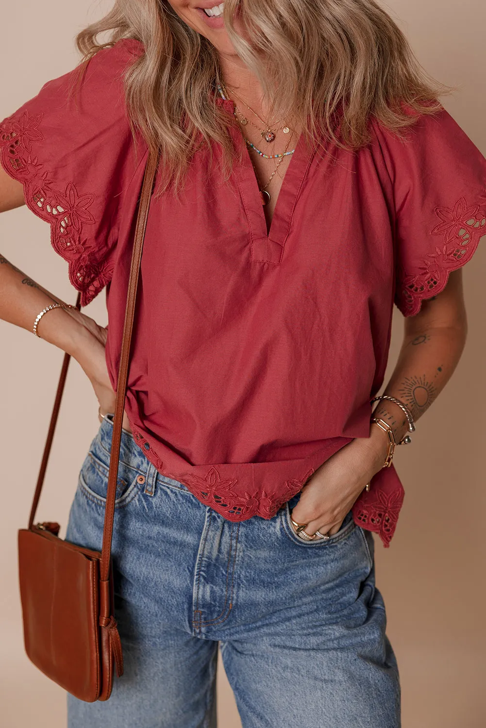 Floral Embroidered Scallop Trim Short Sleeve V Neck Blouse