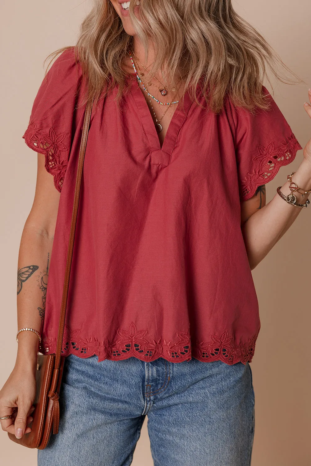 Floral Embroidered Scallop Trim Short Sleeve V Neck Blouse