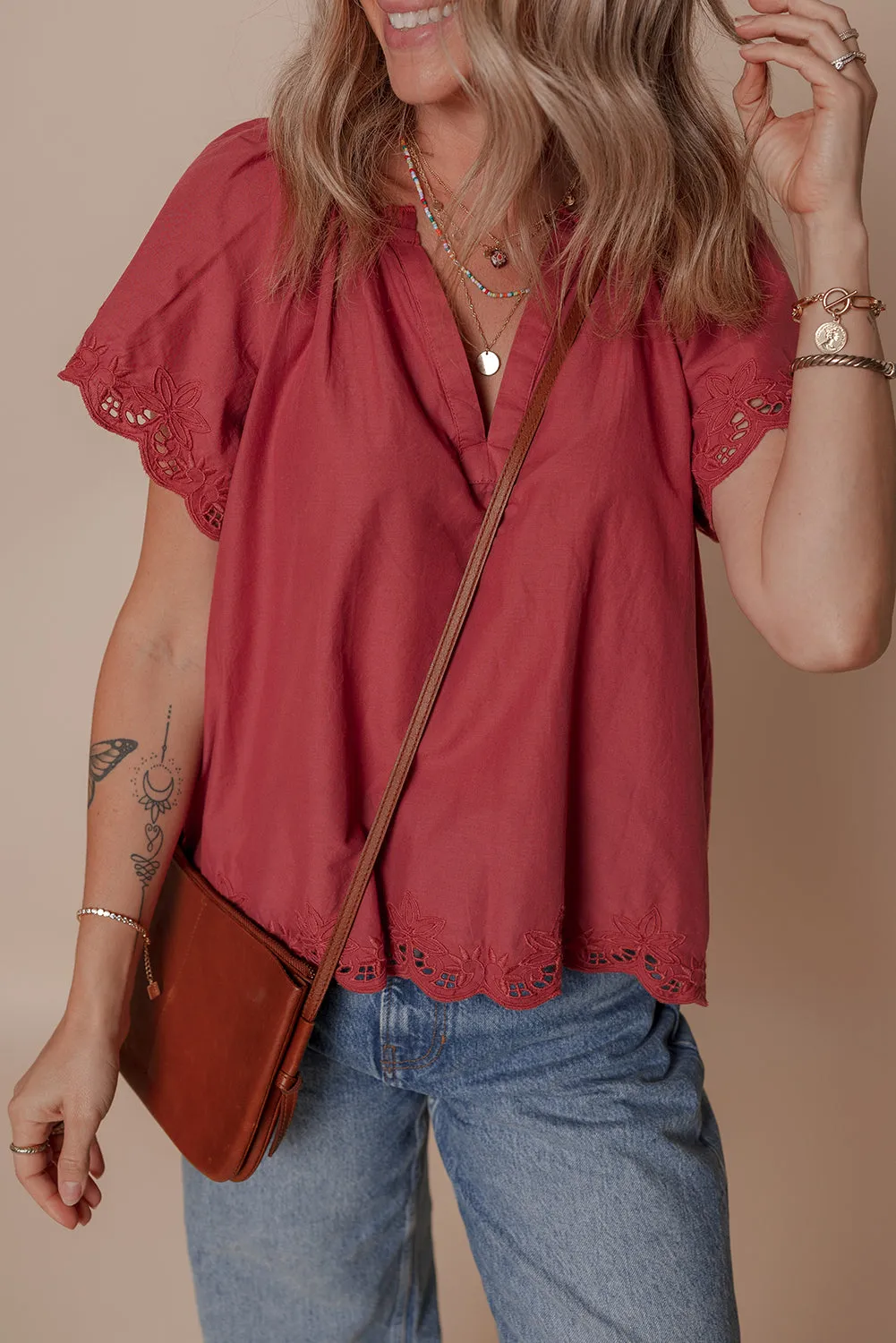 Floral Embroidered Scallop Trim Short Sleeve V Neck Blouse