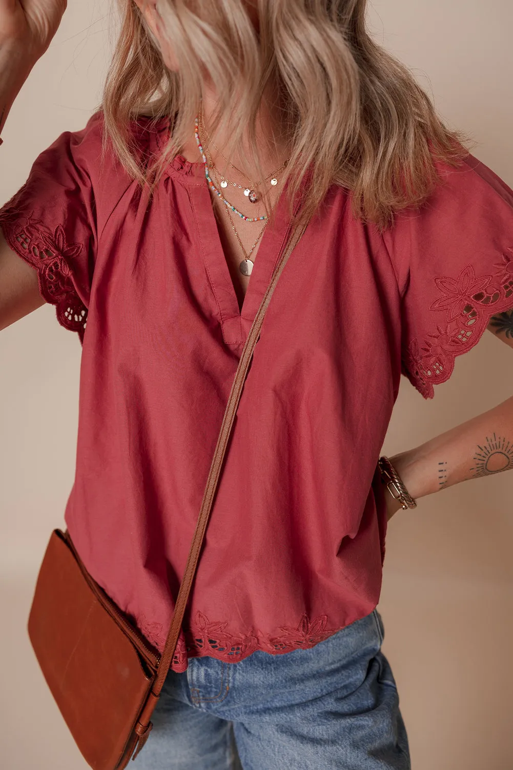 Floral Embroidered Scallop Trim Short Sleeve V Neck Blouse