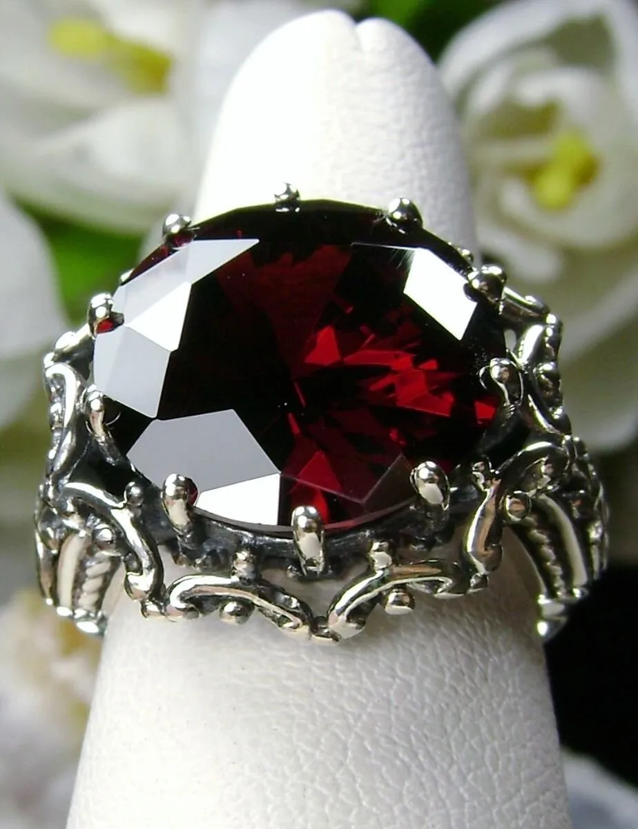 Garnet CZ Ring, 10ct Gem, Gothic style, Sterling Silver Filigree, D105