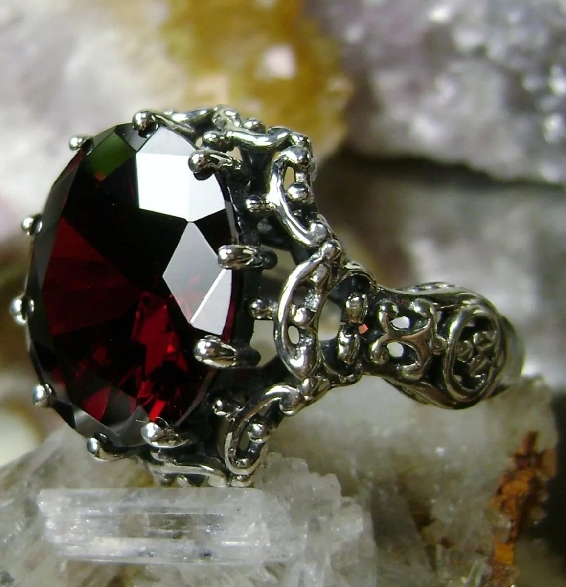 Garnet CZ Ring, 10ct Gem, Gothic style, Sterling Silver Filigree, D105