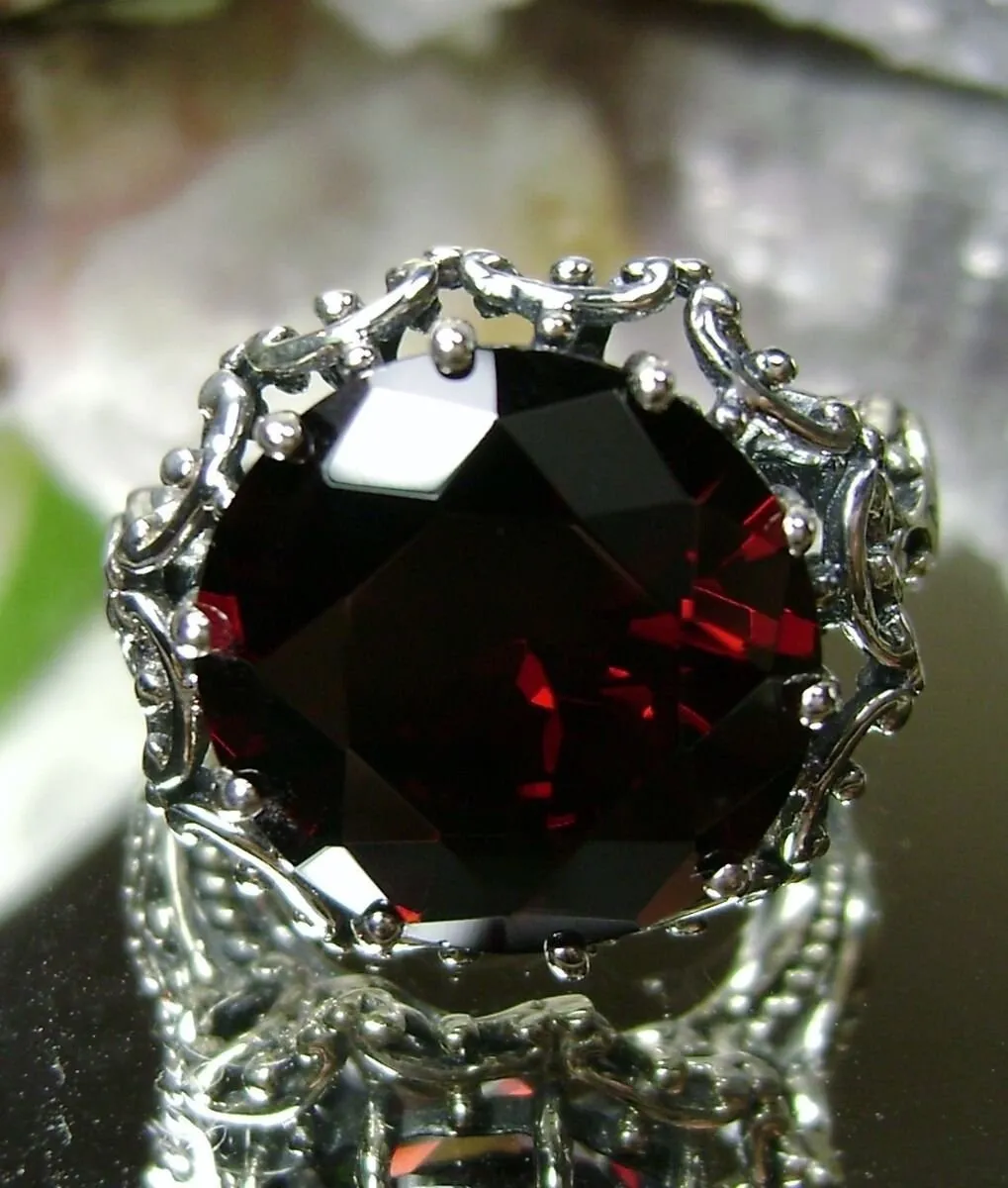 Garnet CZ Ring, 10ct Gem, Gothic style, Sterling Silver Filigree, D105