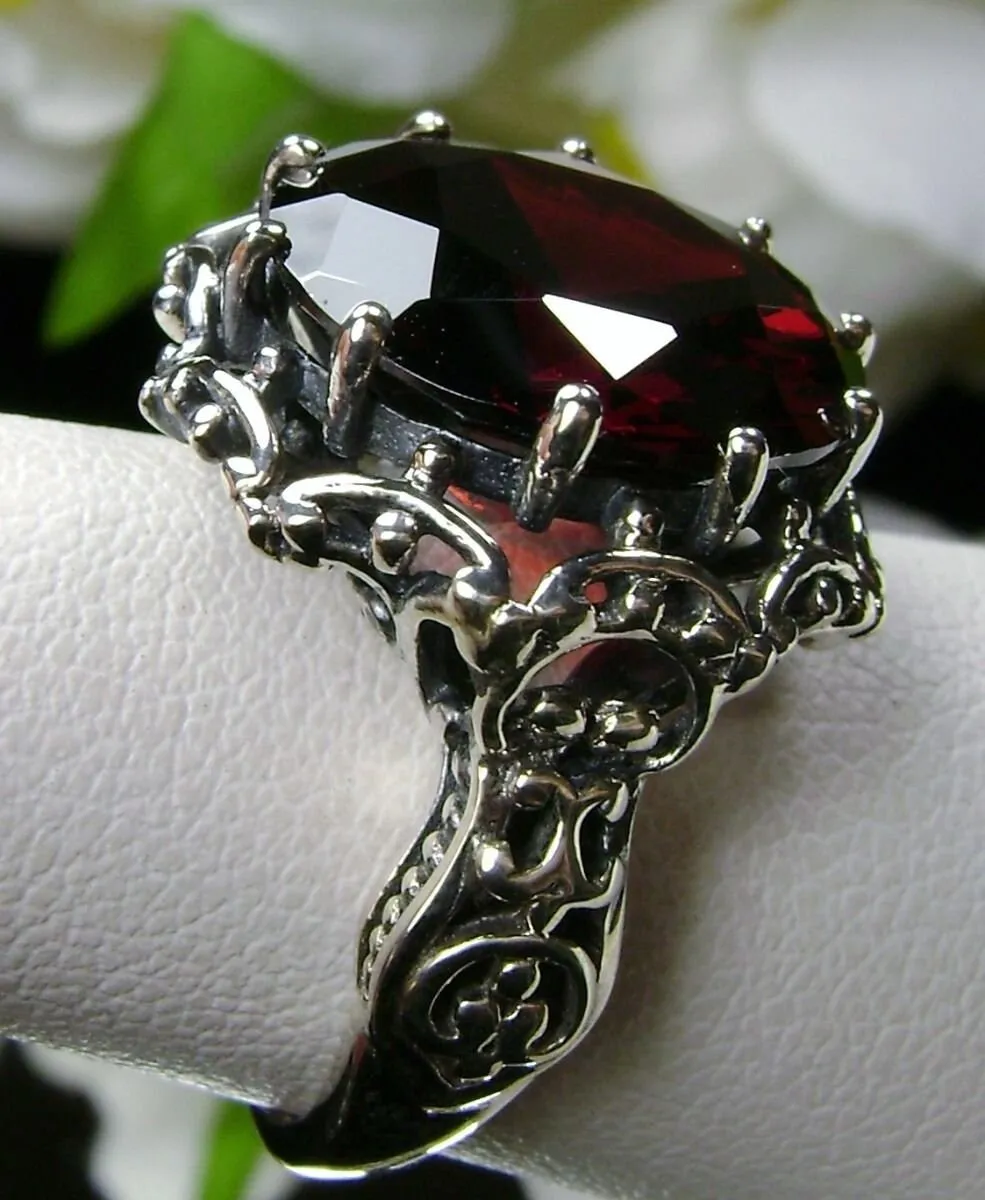 Garnet CZ Ring, 10ct Gem, Gothic style, Sterling Silver Filigree, D105