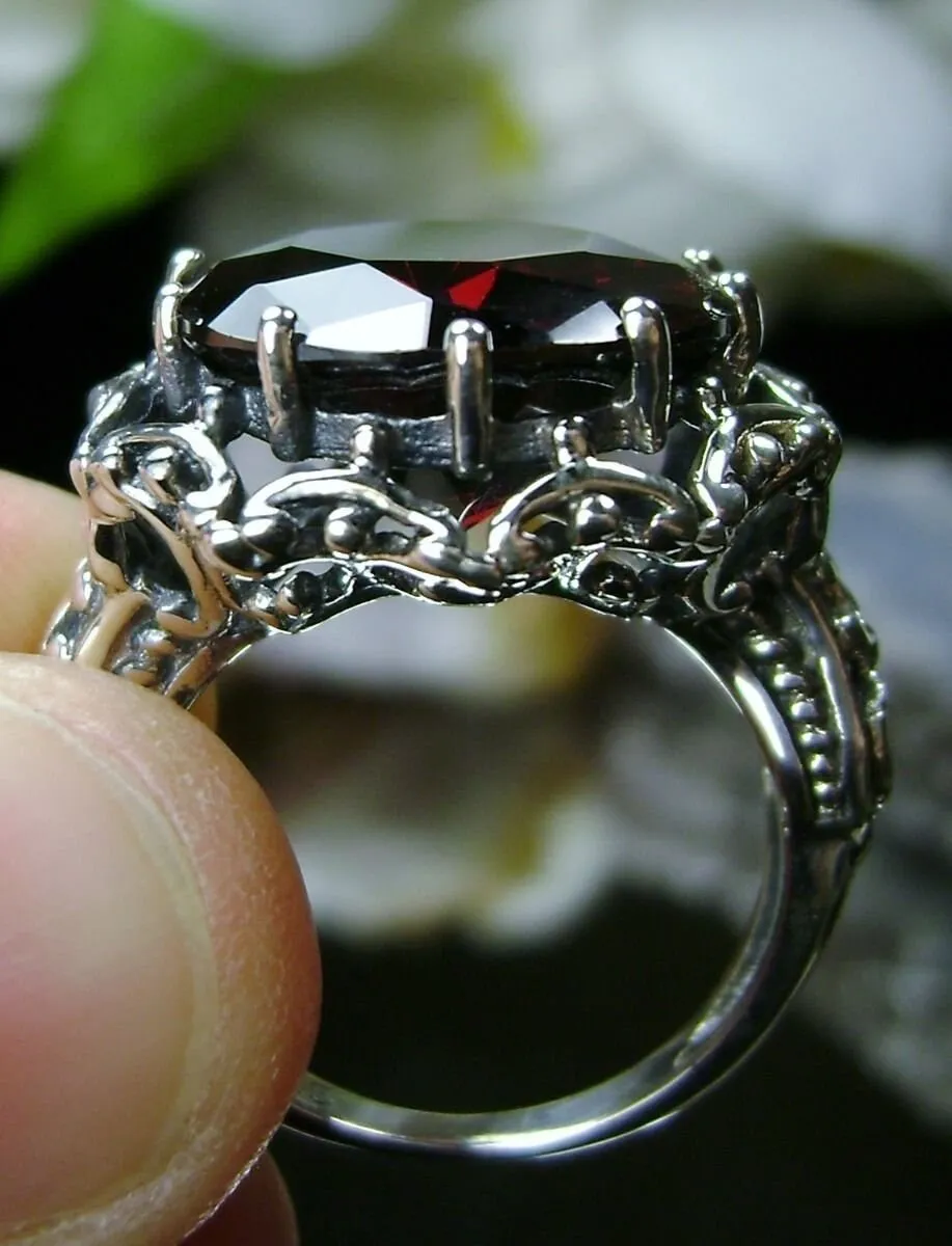 Garnet CZ Ring, 10ct Gem, Gothic style, Sterling Silver Filigree, D105