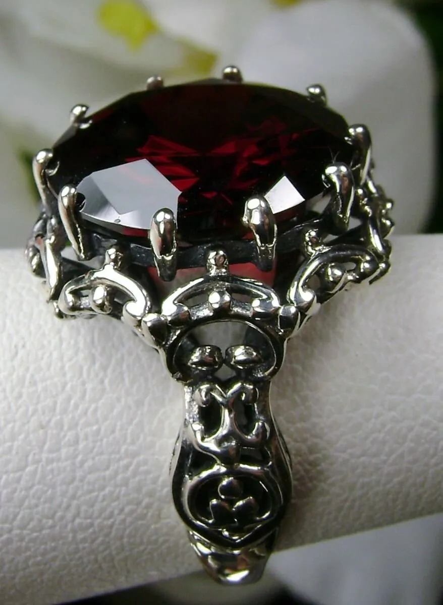 Garnet CZ Ring, 10ct Gem, Gothic style, Sterling Silver Filigree, D105