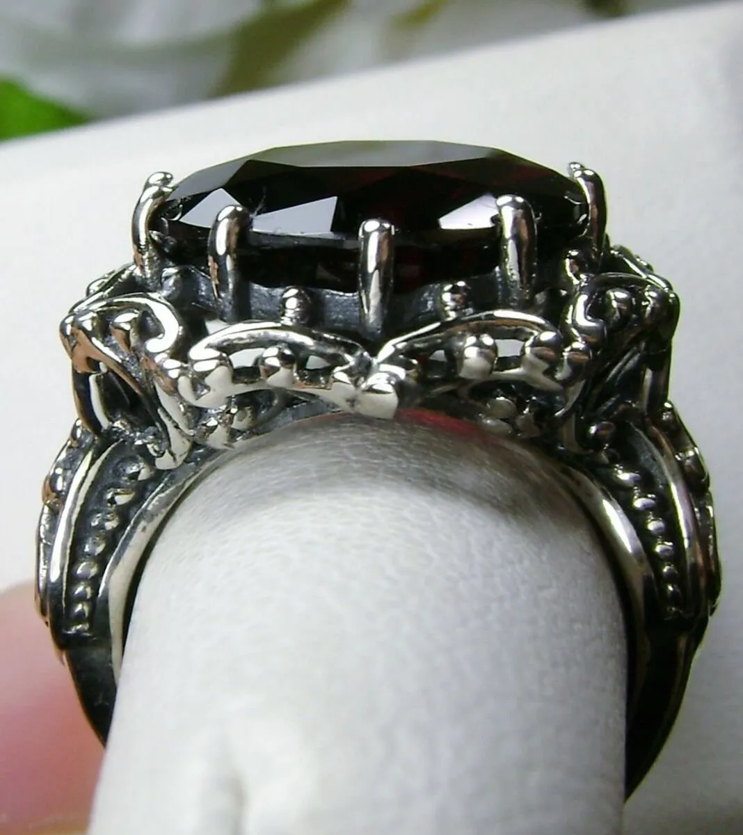 Garnet CZ Ring, 10ct Gem, Gothic style, Sterling Silver Filigree, D105